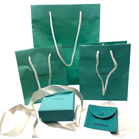 Lot 7pc Tiffany & Co. 3 Empty Bags 1 Box and 1 Pouch Card & Envelope 1 Ribbon - Picture 1 of 8